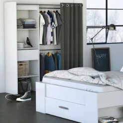 Demeyere Dressing Extensible Blanc Perle Avec Rideau Taupe -Magasin Mobilier armoire placard extensible avec rideau blanc perle 2