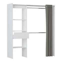 Demeyere Dressing Extensible Blanc Perle Avec Rideau Taupe -Magasin Mobilier armoire placard extensible avec rideau blanc perle 3